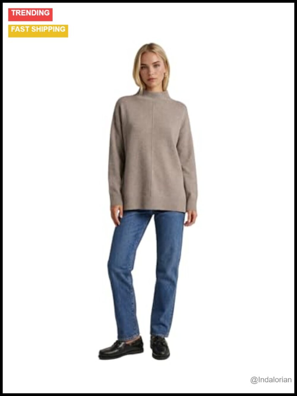 100% Cashmere Mockneck Tunic Sweater Long Sleeve Relaxed Fit Pullover